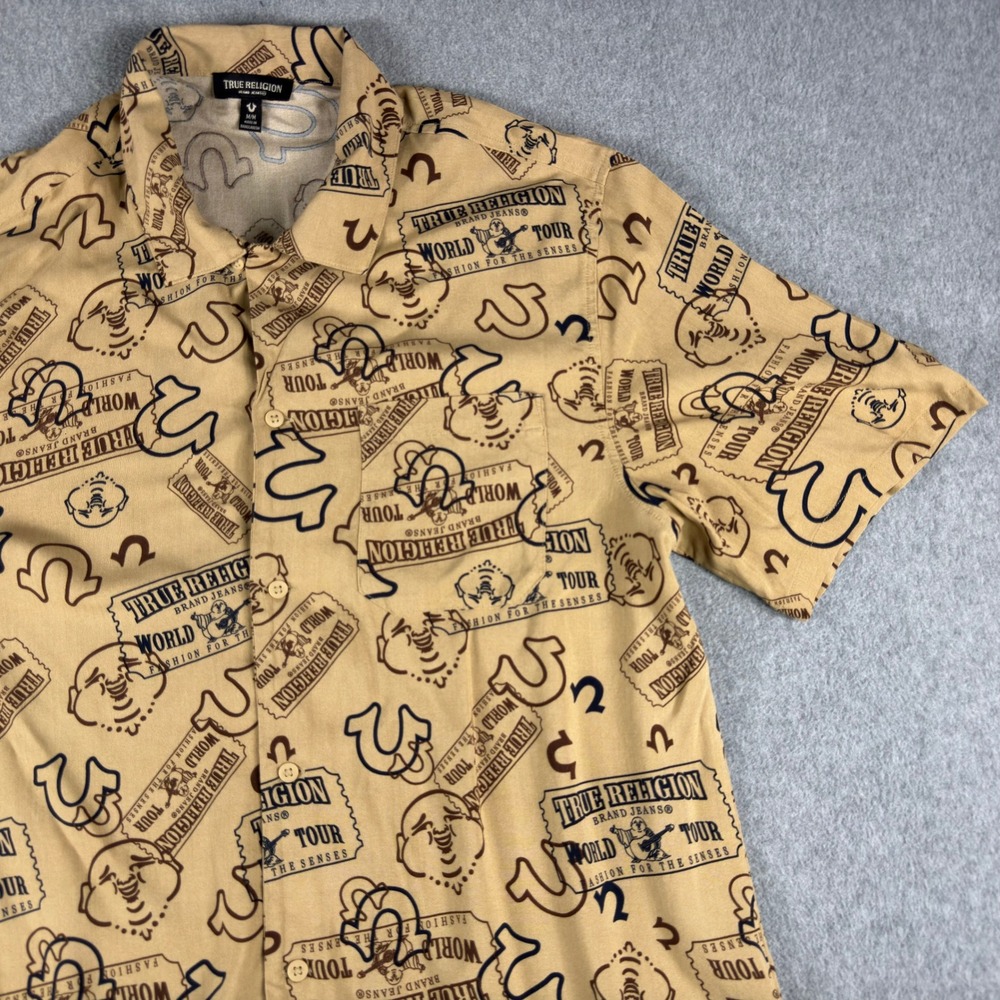 True Religion Camp Shirt Mens M Collar Resort Viscose Hawaiian Ticket AOP